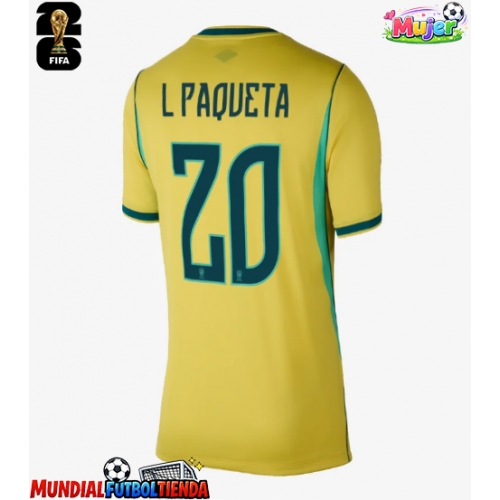 Camiseta Brasil Lucas Paqueta #20 Primera Equipación Replica Mundial 2026 para mujer mangas cortas
